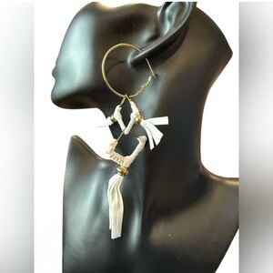 Mia Collection Western Boho White Leather Tassel Gold Tone Hoop Dangle Earrings